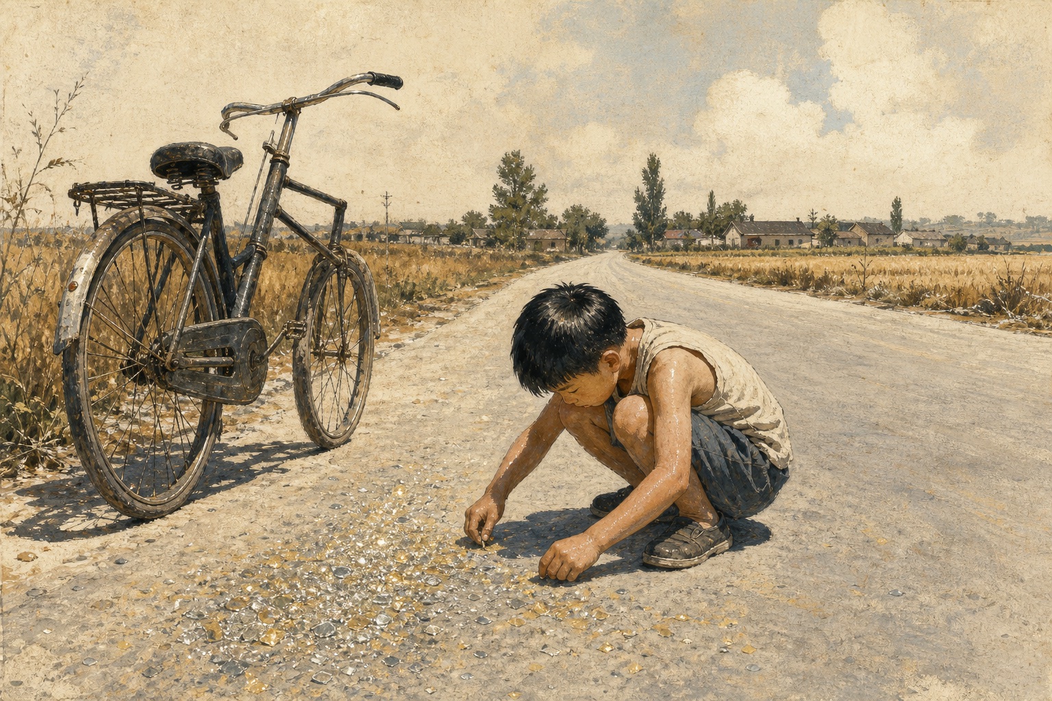 盛夏乡间公路上,少年停下自行车清理碎玻璃