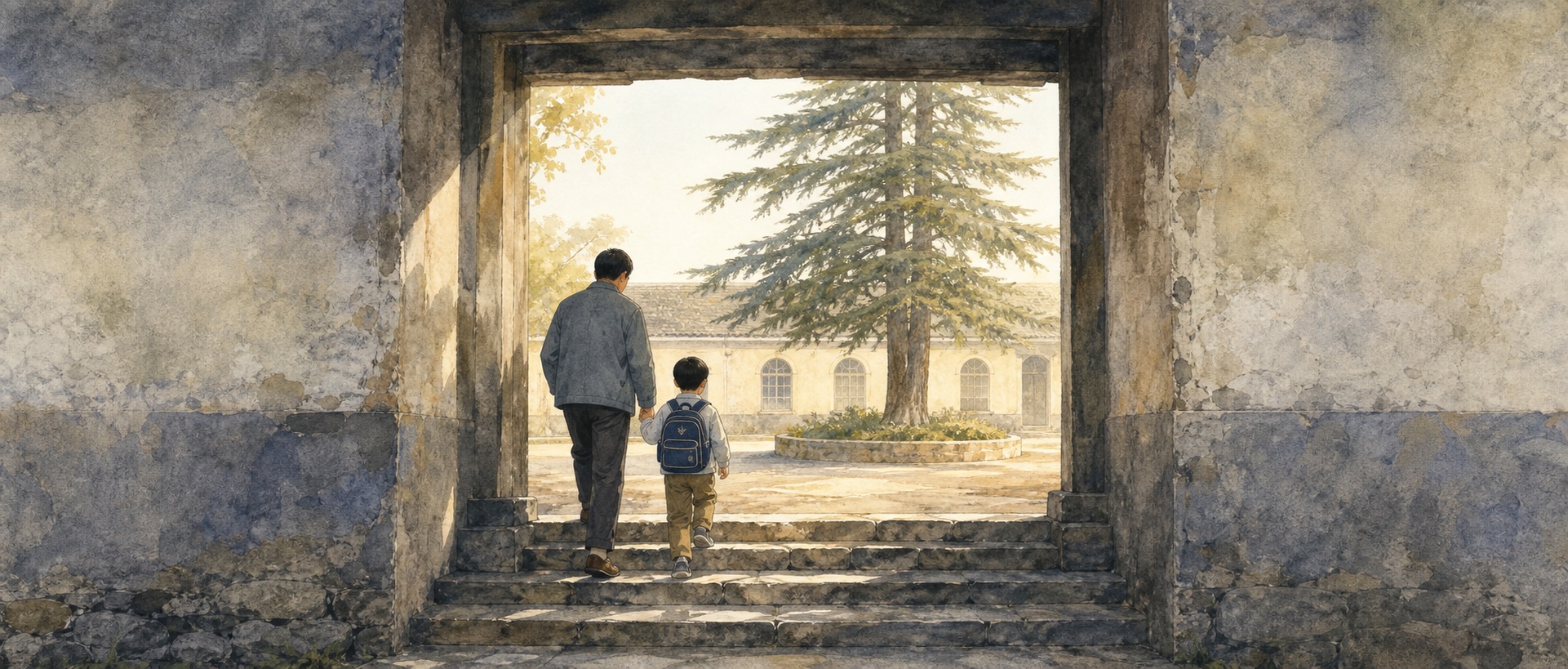 父亲陪孩子走进有老门洞和雪松的小学